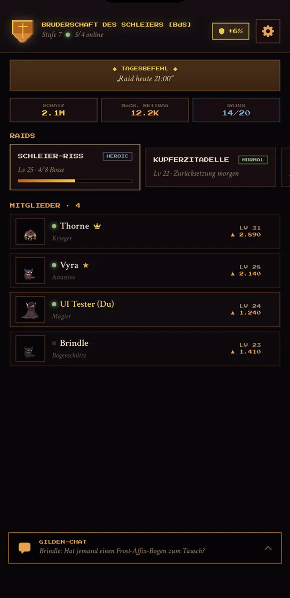 Gilde — Kriegs-Feed mit Raids und Mitgliedern