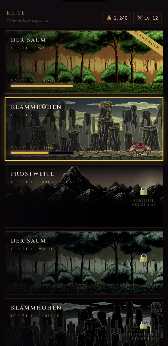 Reise — endlose Biome-Karte mit Gebieten